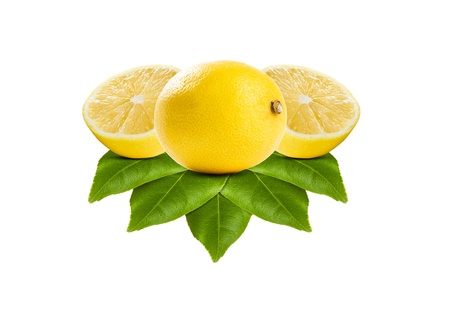 Healthy ripe lemon and leaves on white background.の写真素材