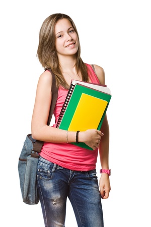 Cute young attractive student girl holding colorful exercise books.の写真素材