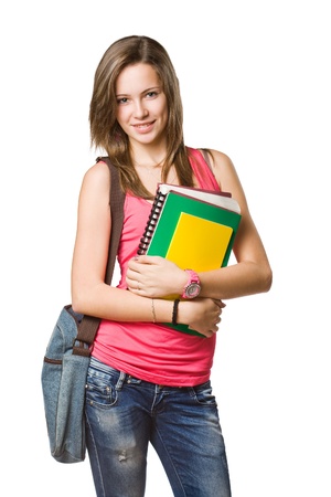 Cheerful young student with exercise books isolated on white background  の写真素材