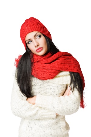 Gorgeous young brunette woman in colorful winter fashion の写真素材