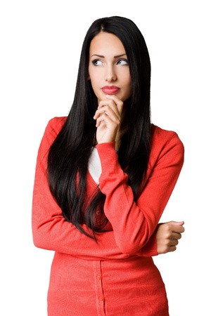 Half length portrait of attractive slender young business woman in pensive pose の写真素材