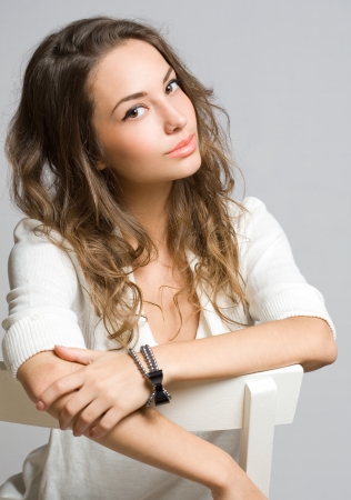 Portrait of gorgeous thoughtful young brunette woman の写真素材
