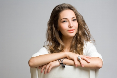 Portrait of gorgeous thoughtful young brunette woman の写真素材