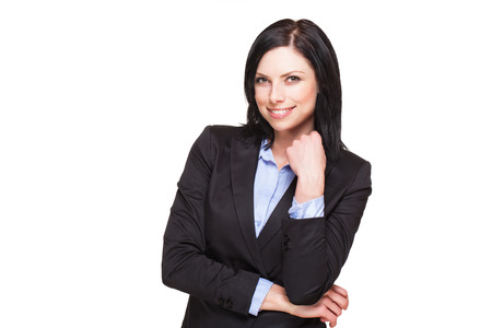 Portrait of a cool young businesswoman isolated on white.の写真素材
