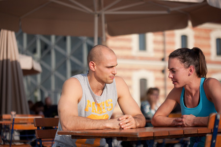 Very fit couple having running fun outdoors.の写真素材