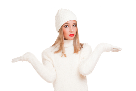 Portrait of a beautiful blond winter fashion beauty.の写真素材