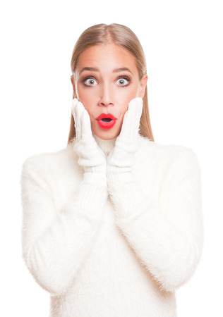 Portrait of a gorgeous young blond woman in winter fashion.の写真素材