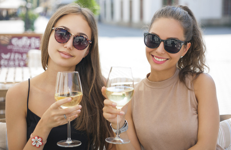 Portrait of two young brunettes having summer wine fun.の写真素材