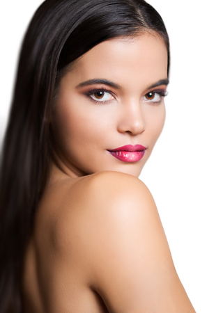 Gorgeous young brunette woman in makeup with ombre lipstick.の写真素材