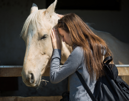 Beautiful young brunette woman befriending champagne color horse.の写真素材