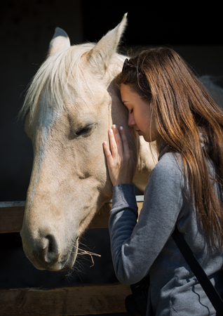 Beautiful young brunette woman befriending champagne color horse.の写真素材