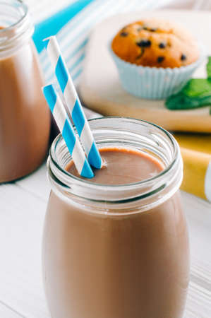Close up of chocolate milk in glass bottleの写真素材