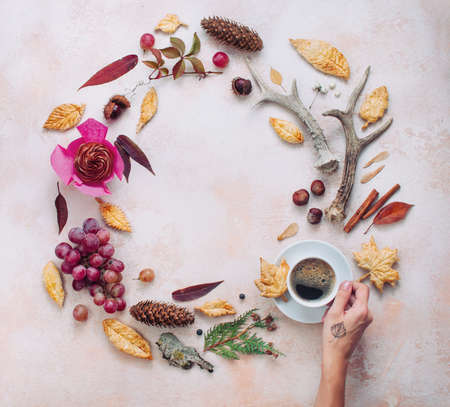 Female hand with cup of coffee in composition of natural details and cookies on beige stone background with blank space for text top view, flat layの写真素材