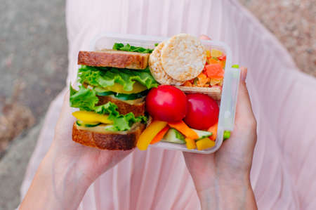 Healthy food concept: Young hipster girl holding lunch box filled with sandwich, crispbreads, fruits and vegetables. Selective focus on lunch box.の写真素材