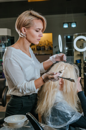 Professional hairdresser dyeing hair of female clientの写真素材