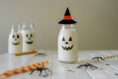 Glass bottles of milk cocktail decorated with jack-o-lantern face and hatの写真素材