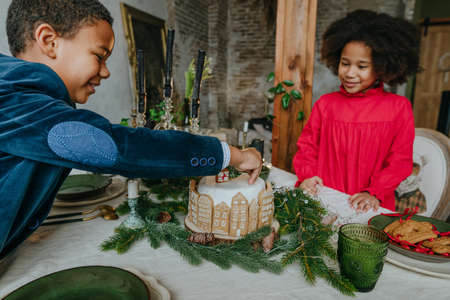 Sister and brother decorating gingerbread cake at home. Christmas time family leisure concept. Idea for diy handmade Happy New Year sweets.の写真素材