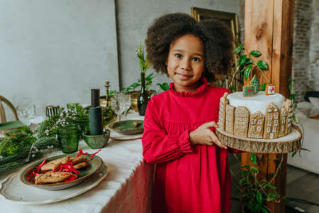 Girl holding Christmas cake decorated with handmade house gingerbreads. Idea for diy handmade Happy New Year festive sweets.の写真素材