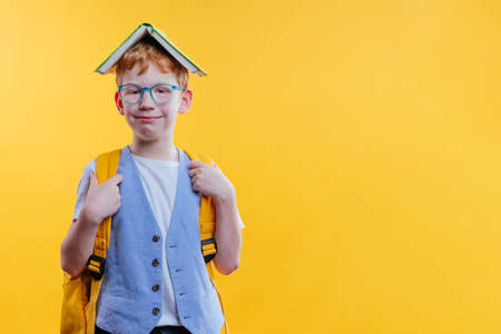 Funny red hair schoolboy with eye glasses holding book on his head as a roof on yellow background with blank space for textの写真素材