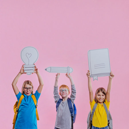 Little girl holding paper sketch book on pink background with blank space for text. Idea concept.の写真素材