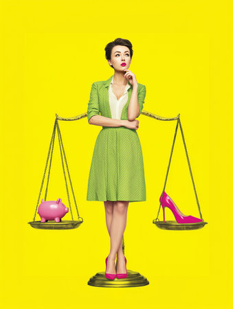 Retro-inspired green and yellow scene of fashion versus savingsの素材