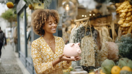 Smiling woman holding piggy bank while window shopping outdoorsの素材