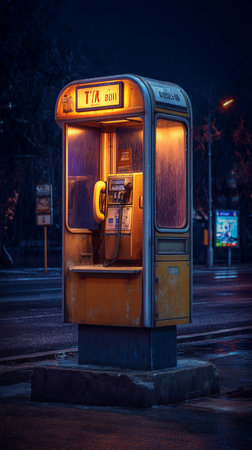 Isolated Neon Phone Booth in Misty Dark Street, Retro Futuristic Night Moodの素材