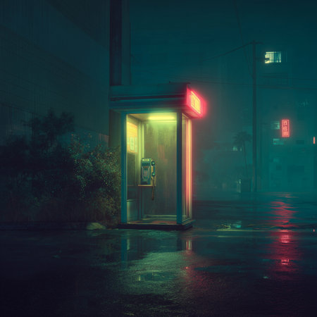 Bright Red Neon Payphone Booth on Dark Street with Rain Reflections at Nightの素材