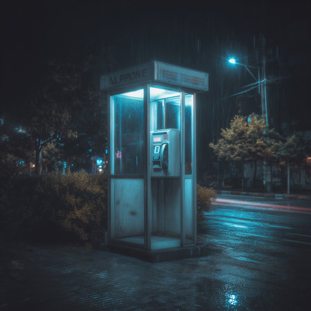 Retro Blue Payphone Booth Illuminated in Rainy Night Street Urban Silenceの素材