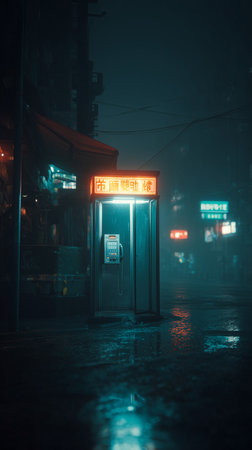 Neon-Lit Old Payphone Booth on Empty Street During Rainy Night, Cinematic Moodの素材