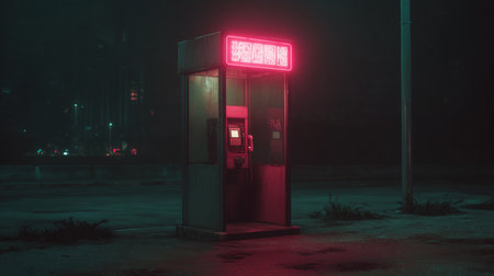Bright Pink Neon Payphone Booth on Dark Street with Rain Reflections at Nightの素材