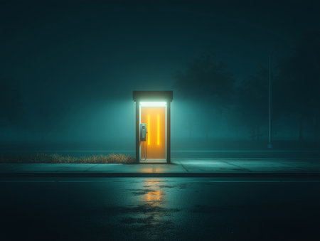 Isolated Old Phone Booth Glowing Under Streetlight in Foggy Silent Nightの素材