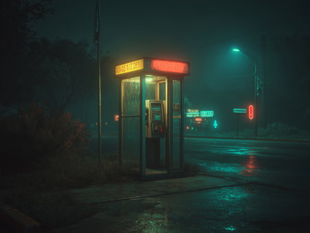 Retro Phone Booth in Wet Urban Street with Blue and Red Neon Night Lightingの素材