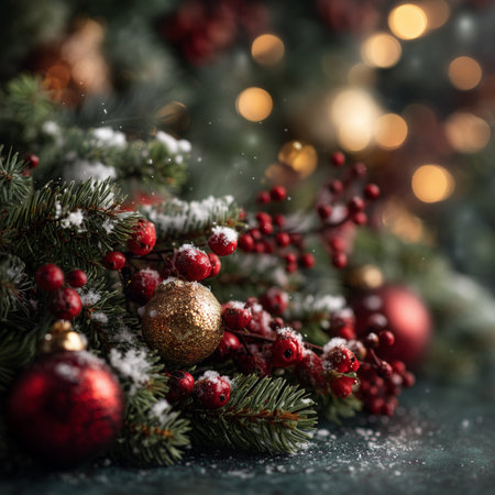 Winter Christmas Decoration Closeup with Pine Needles, Red Berries, and Gold Baublesの素材