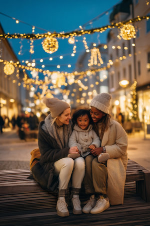 Happy Multiracial Family Enjoying Holiday Lights on Festive Winter Eveningの素材