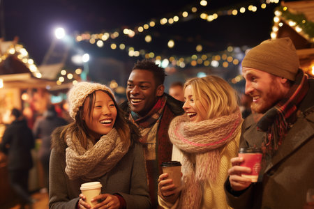 Smiling Friends Holding Coffee Cups and Celebrating Together at a Cozy Outdoor Christmas Marketの素材