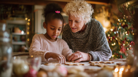 Grandmother and Granddaughter Baking Christmas Cookies Together in Cozy Festive Kitchenの素材