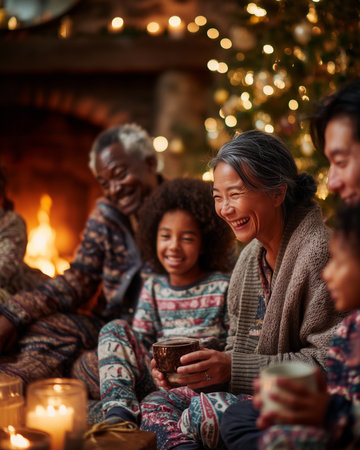 Multigenerational Family Enjoying Christmas Together by Fireplace in Cozy Pajamasの素材