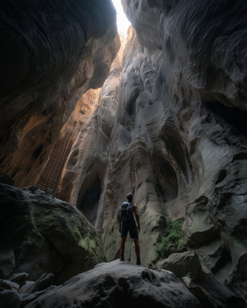 Adventurer Looking Up at Ancient Cliff Walls in a Remote Cavernの素材