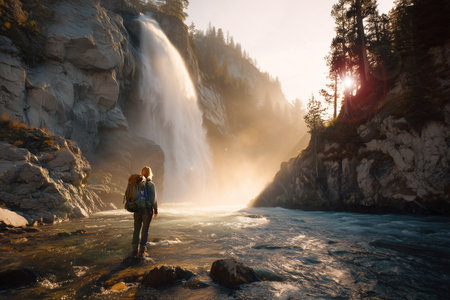Hiker Watching a Waterfall Surrounded by Rocky Cliffs and Sunlightの素材