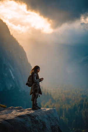Young girl hiker standing on the edge of a cliff and looking at sunrise.の素材