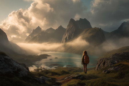 Lone Hiker Gazing at Mountain Lake Under Moody Sunset Skyの素材