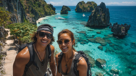 Travel adventure young Asian couple island hopping, blue lagoon, nature, beach summer sunglassesの素材