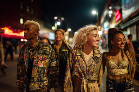 Diverse Friends Walking Together on a Neon-Lit Urban Night Out - Stylish Street Fashion and Joyful Vibesの素材