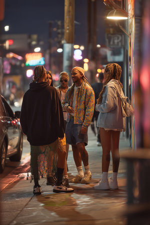 Diverse Group of Young Adults in Night Street Fashion Editorialの素材