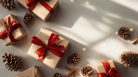 Cozy Holiday Flat Lay of Christmas Presents and Seasonal Decorationsの素材