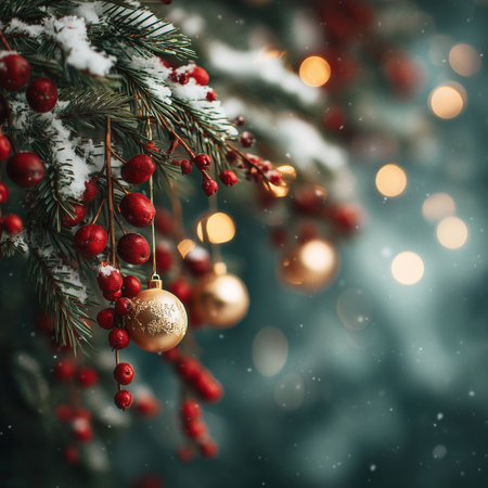 Festive Seasonal Christmas Branch Arrangement with Snow and Warm Holiday Lightsの素材