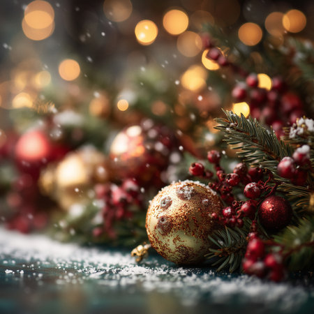 Holiday Background of Pine Branches, Red Berries, and Christmas Ornaments with Snow and Bokeh Lightsの素材