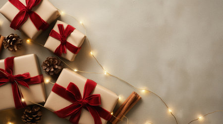 Wrapped Christmas Gifts with Red Ribbons and Pine Cones on Neutral Backgroundの素材