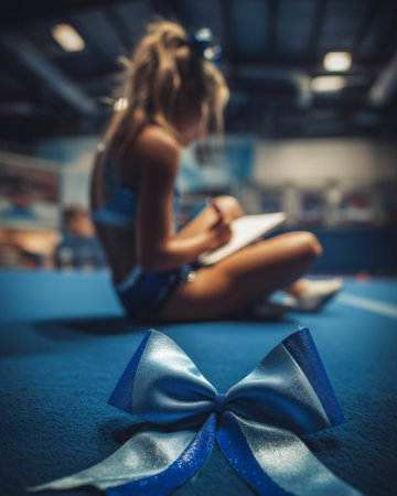 Blue Cheer Bow on Gym Floor with Cheerleader Writing in Notebook in Blurred Backgroundの素材